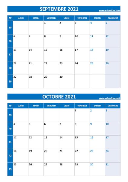 Calendrier des mois de septembre et octobre 2021 à imprimer ssur une page au format portrait, template bleu. Calendrier septembre octobre 2021, portrait, bleu.