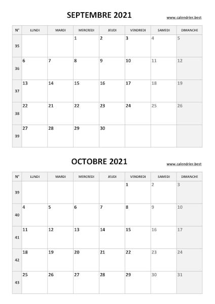 Calendrier des mois de septembre et octobre 2021 à imprimer sur une page au format portrait, template gris. Calendrier septembre octobre 2021, portrait, gris.
