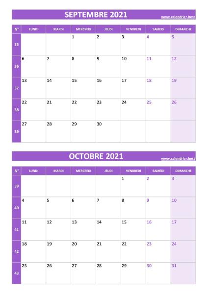 Calendrier septembre octobre 2021, portrait, violet.