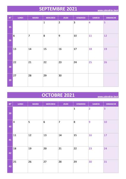 Calendrier des mois de septembre et octobre 2021 à imprimer sur une page au format portrait, template violet. Calendrier septembre octobre 2021, portrait, violet.