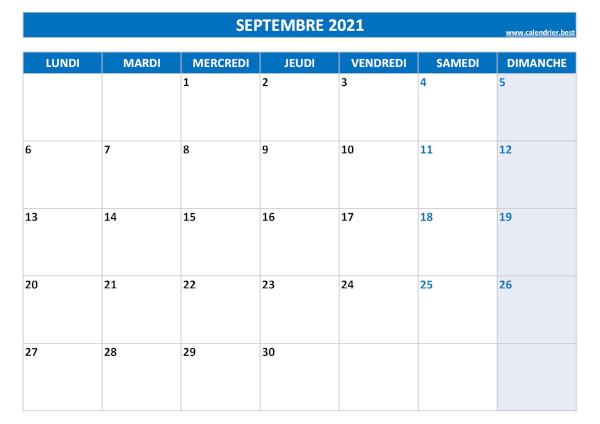 Calendrier Septembre 2021 à imprimer.