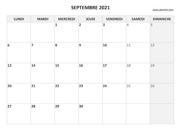 Calendrie septembre 2021 vierge à imprimer.