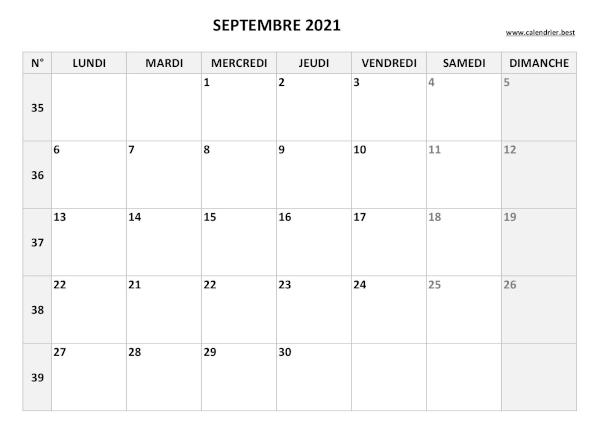 Calendrier du mois de septembre 2021 avec semaines à imprimer.