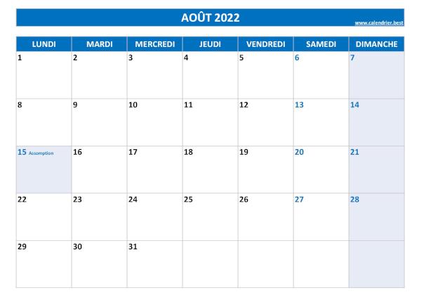 Calendrier Août 2022 à imprimer avec jours fériés.