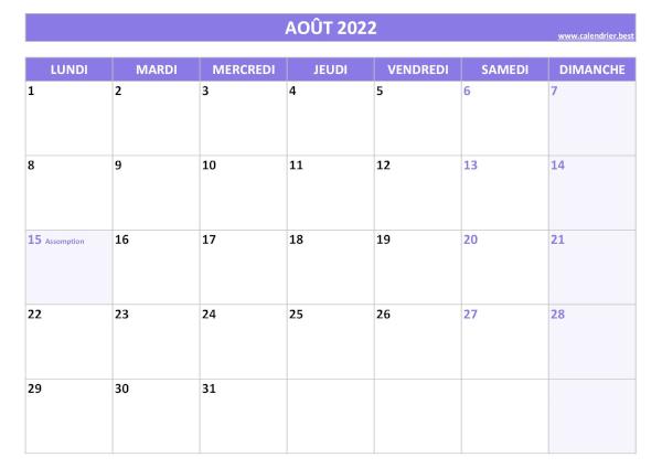 Calendrier du mois d'Août 2022 avec jours fériés à imprimer.
