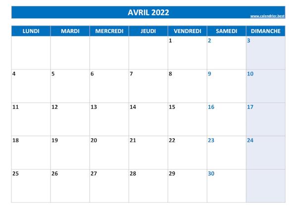 Calendrier du mois d'avril 2022 à imprimer.