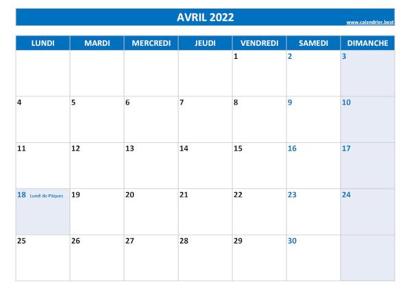 Calendrier Avril 2022 à imprimer avec jours fériés.