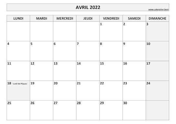 Calendrier Avril 2022 à imprimer avec jours fériés.