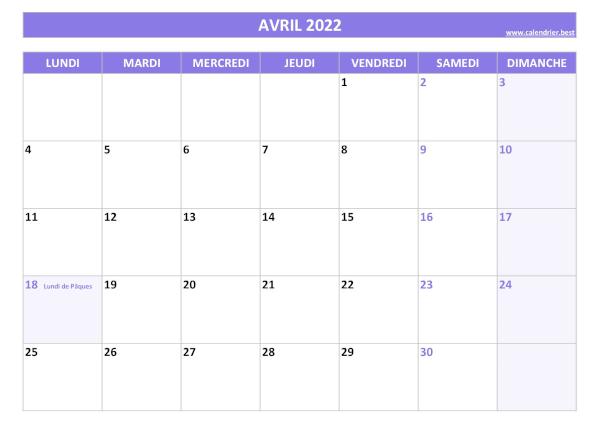 Calendrier du mois d'avril 2022 avec jours fériés à imprimer.