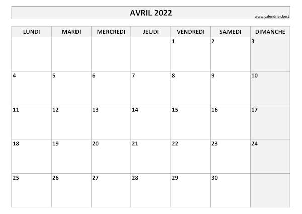 Calendrier Avril 2022 à imprimer.