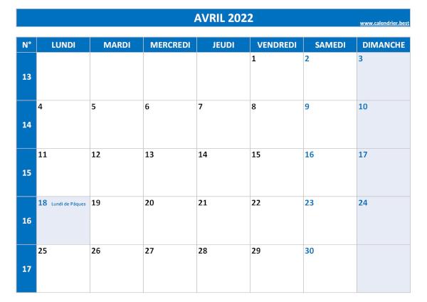 Calendrier du mois d'avril 2022 avec semaines à imprimer.