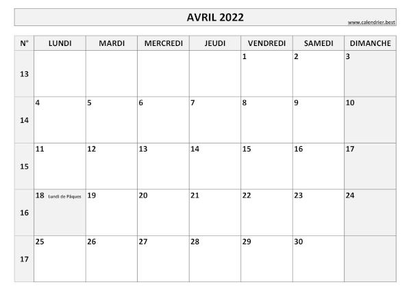 Calendrier Avril 2022 avec semaines.