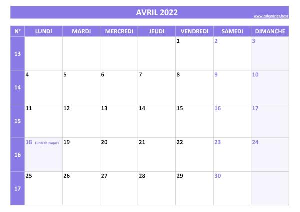 Calendrier Avril 2022 avec semaines.