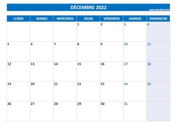 Calendrier mensuel vierge à imprimer, mois de Décembre 2022, thème bleu. Calendrier Décembre 2022 à imprimer.