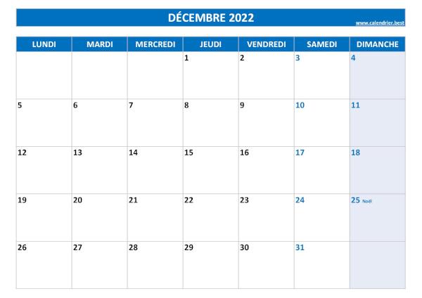 Calendrier du mois de décembre avec jours fériés 2022 à imprimer.