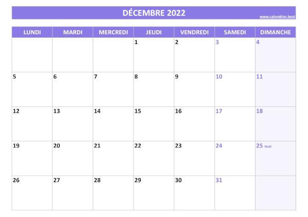 Calendrier Décembre 2022 à imprimer avec jours fériés.