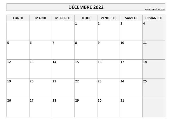 Calendrier du mois de décembre 2022 à imprimer.