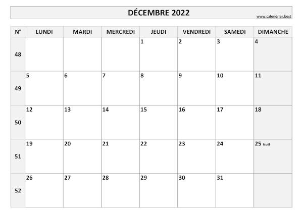 Calendrier du mois de décembre 2022 avec semaines à imprimer.