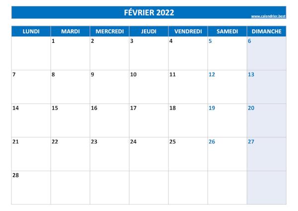 Calendrier février 2022 à imprimer.