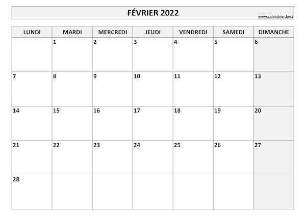 Calendrier février 2022 à imprimer.