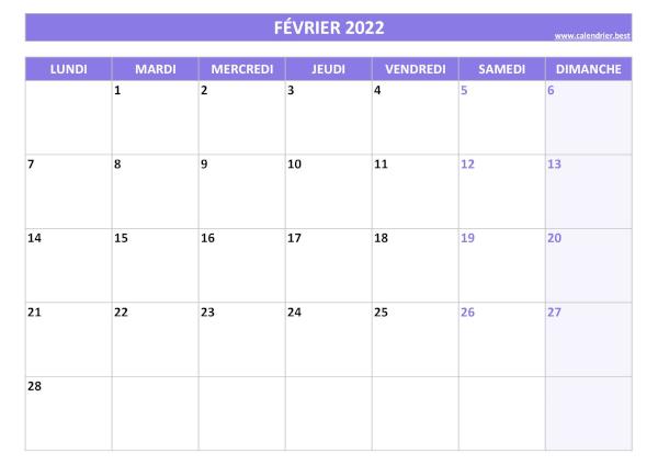 Calendrier du mois de février 2022 à imprimer.