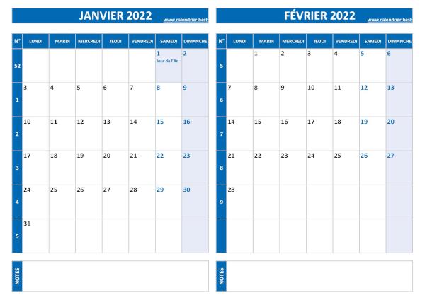 Calendrier janvier février 2022.