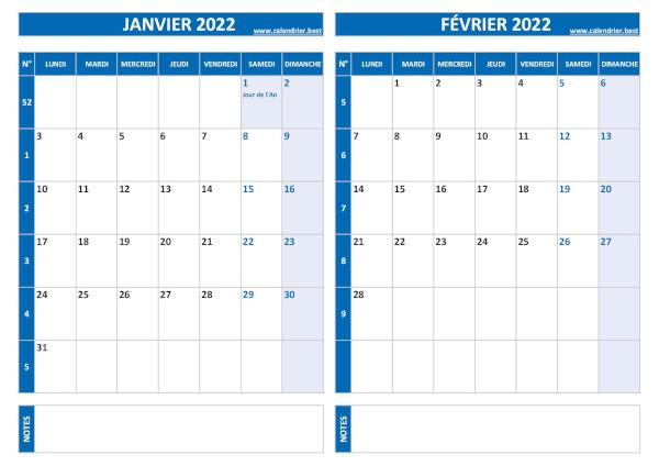 Calendrier de janvier et de février 2022 à imprimer sur une page au format paysage, template bleu. Calendrier janvier février 2022.