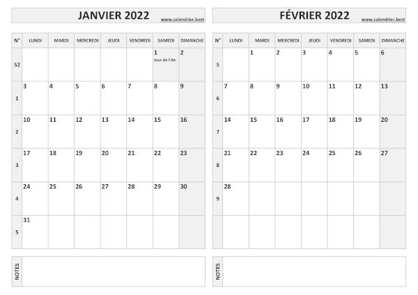 Calendrier de janvier et de février 2022 à imprimer sur une page au format paysage, template gris. Calendrier janvier février 2022.