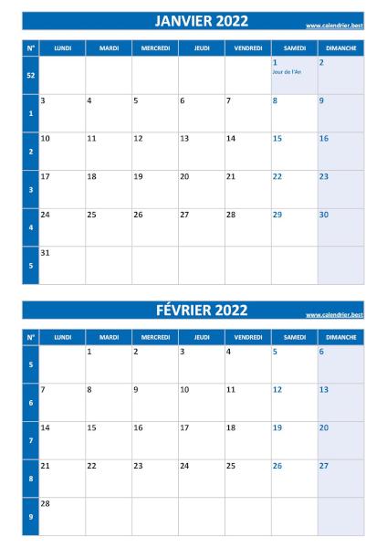 Calendrier des mois de janvier et février 2022 à imprimer ssur une page au format portrait, template bleu. Calendrier janvier février 2022, portrait, bleu.