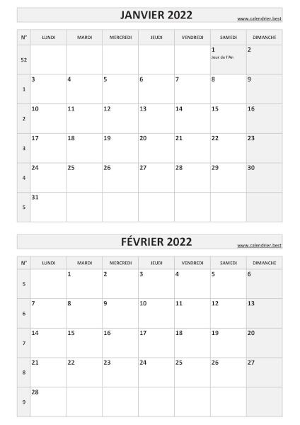 Calendrier des mois de janvier et février 2022 à imprimer sur une page au format portrait, template gris. Calendrier janvier février 2022, portrait, gris.