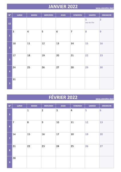 Calendrier janvier février 2022, portrait, violet.