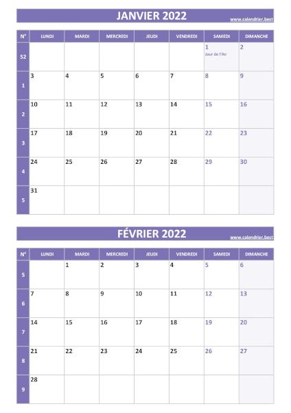 Calendrier des mois de janvier et février 2022 à imprimer sur une page au format portrait, template violet. Calendrier janvier février 2022, portrait, violet.