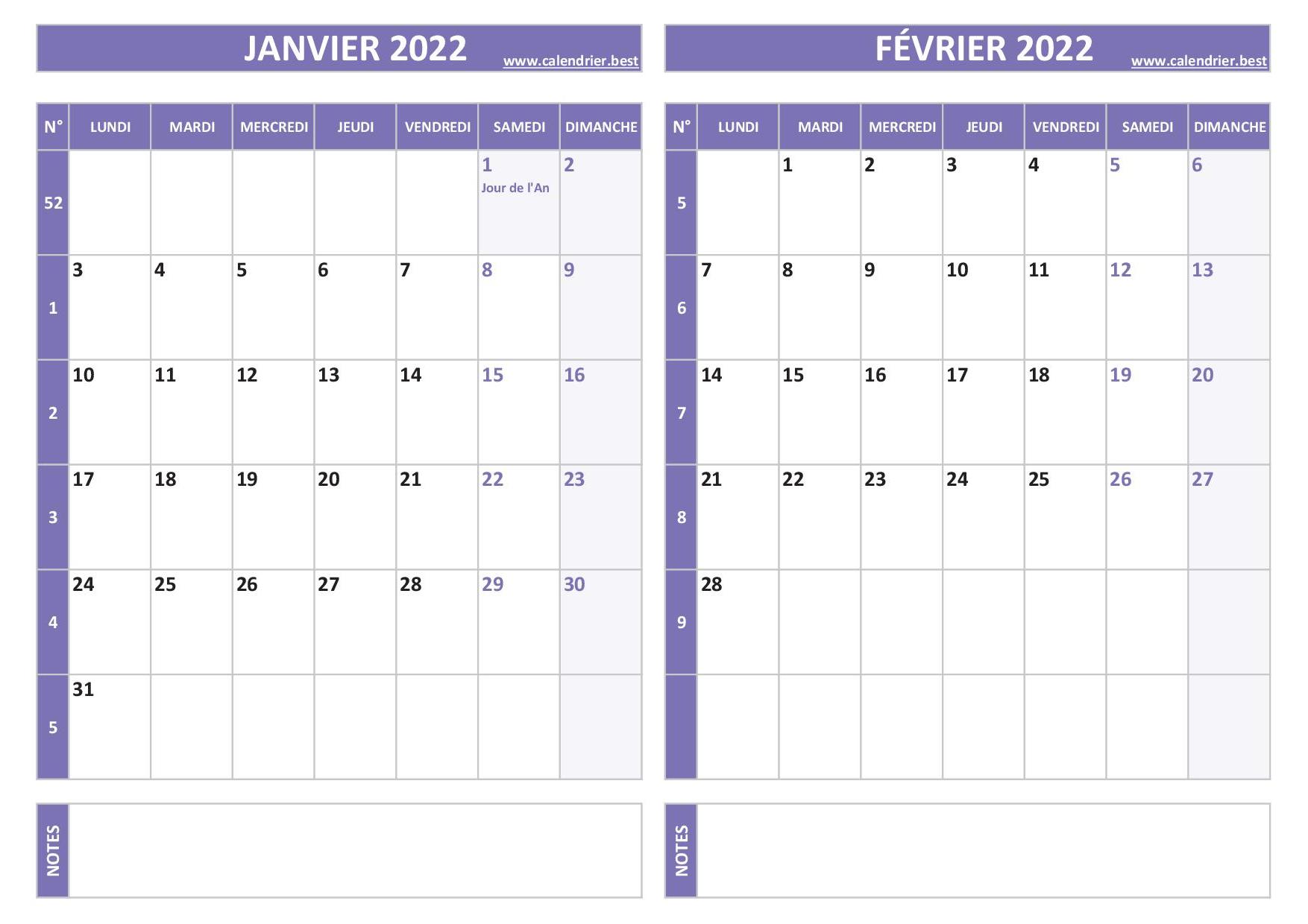 Calendrier janvier février 2022.