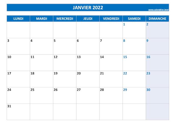 Calendrier du mois de janvier 2022 à imprimer.