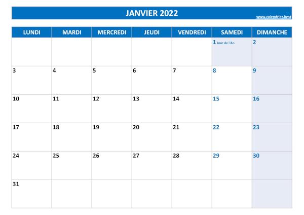 Calendrier du mois de janvier 2022 avec jours fériés à imprimer.