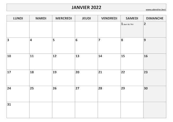 Calendrier janvier 2022 à imprimer avec jours fériés.