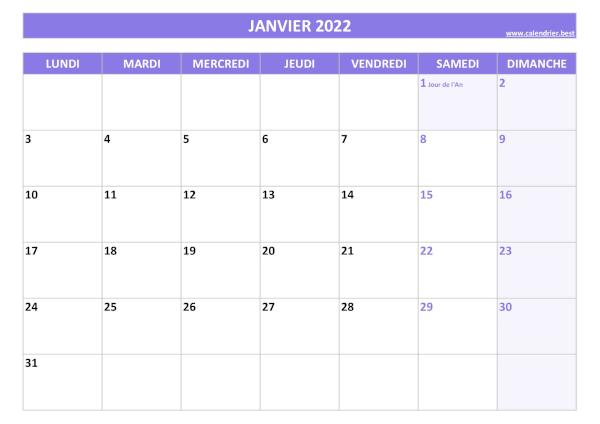 Calendrier janvier 2022 à imprimer avec jours fériés.