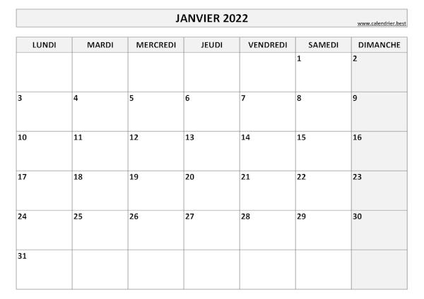 Calendrier janvier 2022 à imprimer.