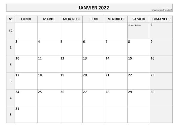 Calendrier janvier 2022 avec semaines.