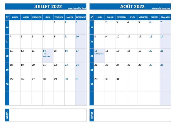 Calendrier juillet août 2022.