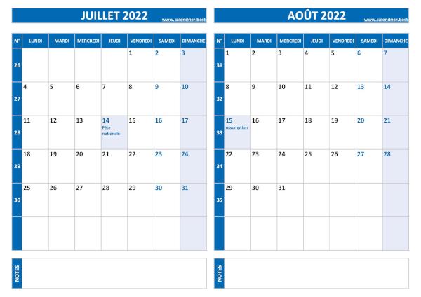 Calendrier de juillet et août 2022 à imprimer sur une page au format paysage, template bleu. Calendrier juillet août 2022.