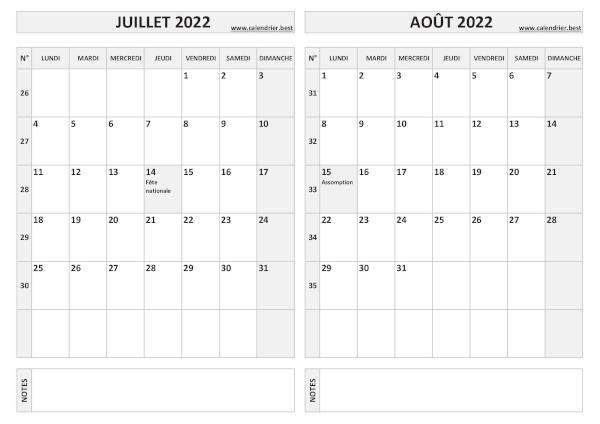 Calendrier juillet août 2022.