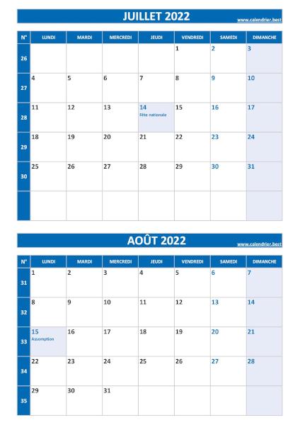 Calendrier des mois de juillet et août 2022 à imprimer ssur une page au format portrait, template bleu. Calendrier juillet août 2022, portrait, bleu.