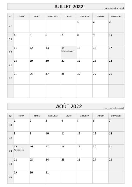 Calendrier des mois de juillet et août 2022 à imprimer sur une page au format portrait, template gris. Calendrier juillet août 2022, portrait, gris.