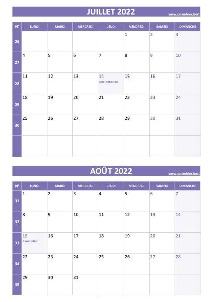 Calendrier des mois de juillet et août 2022 à imprimer sur une page au format portrait, template violet. Calendrier juillet août 2022, portrait, violet.