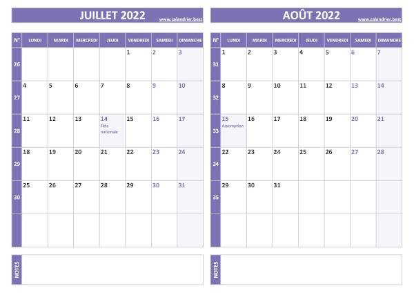Calendrier juillet août 2022.