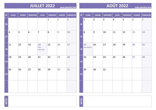 Calendrier de juillet et août 2022 à imprimer sur une page au format paysage, template violet. Calendrier juillet août 2022.