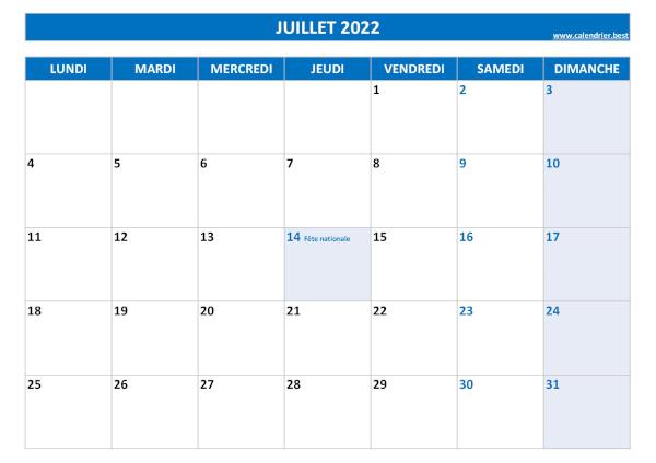 Calendrier du mois de juillet 2022 avec jours fériés à imprimer.
