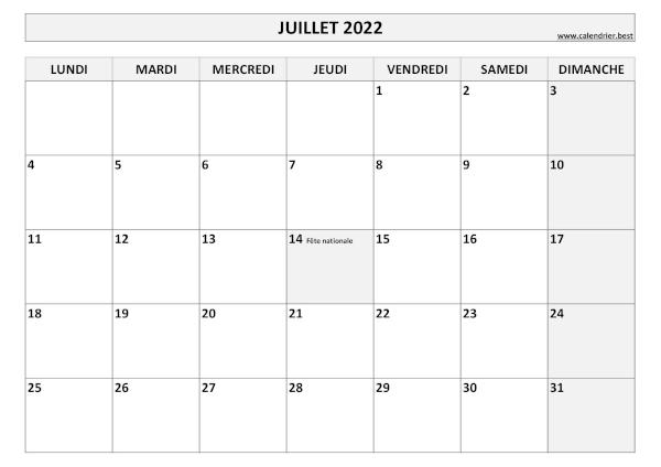 Calendrier Juillet 2022 à imprimer avec jours fériés.