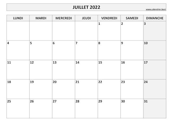 Calendrier Juillet 2022 à imprimer.
